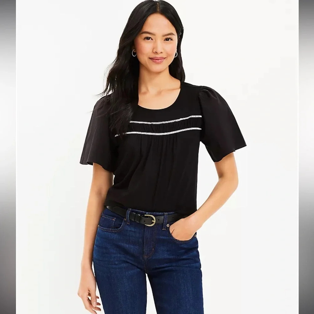 LOFT Black Short Sleeve Tee with Subtle White Trim